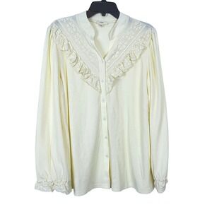 OTT Women's Ivory Ruffle Lace Long Sleeve Prairie Chic Button Waffle Shirt Large